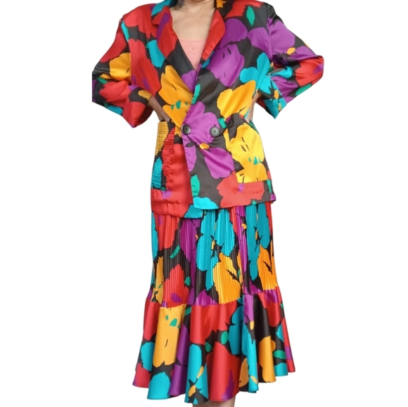 Vintage Floral Satin 80s Blazer Skirt Set Size Small Medium - Picture 4 of 5